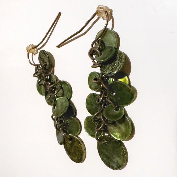 Opalescent Green Shell Disc Beads Dangle Chain Earrings Bright Emerald Cluster - Picture 4 of 8